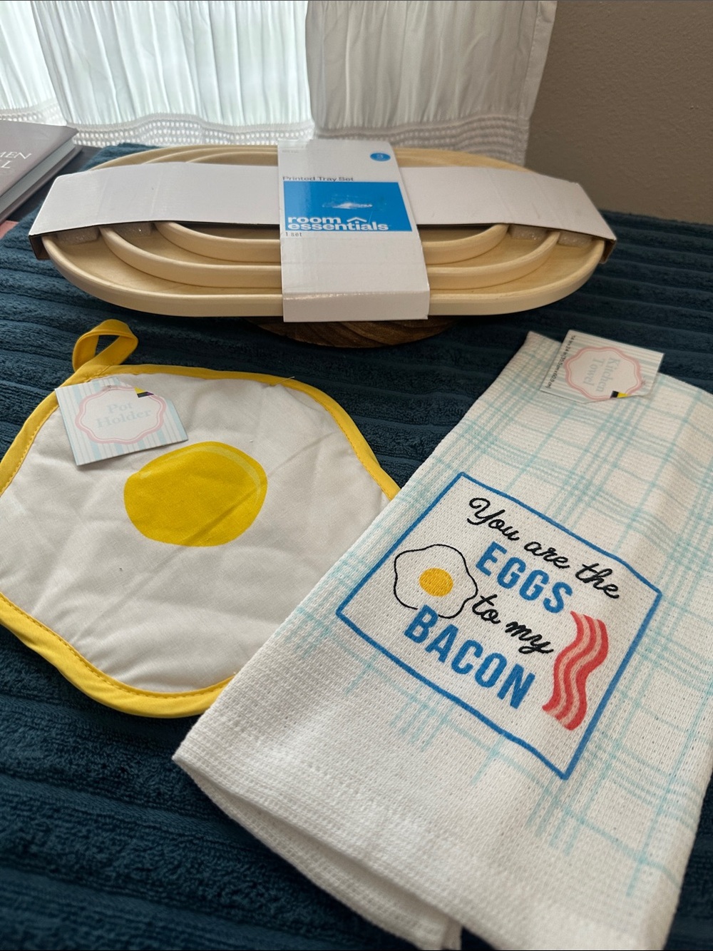 Room Essentials Cream Tray Set with Yellow Egg Kitchen Towel & Pot Holder NWT